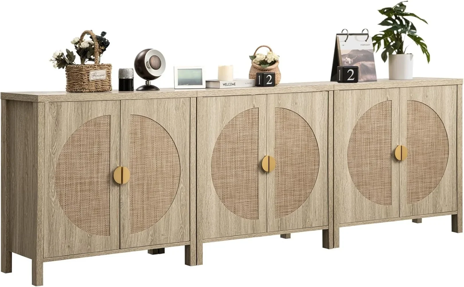 Rattan Buffet Cabinet Set of 3, Accent Sideboard Storage Cabinet with Adjustable Shelves, Boho Credenza Console Table for Dining