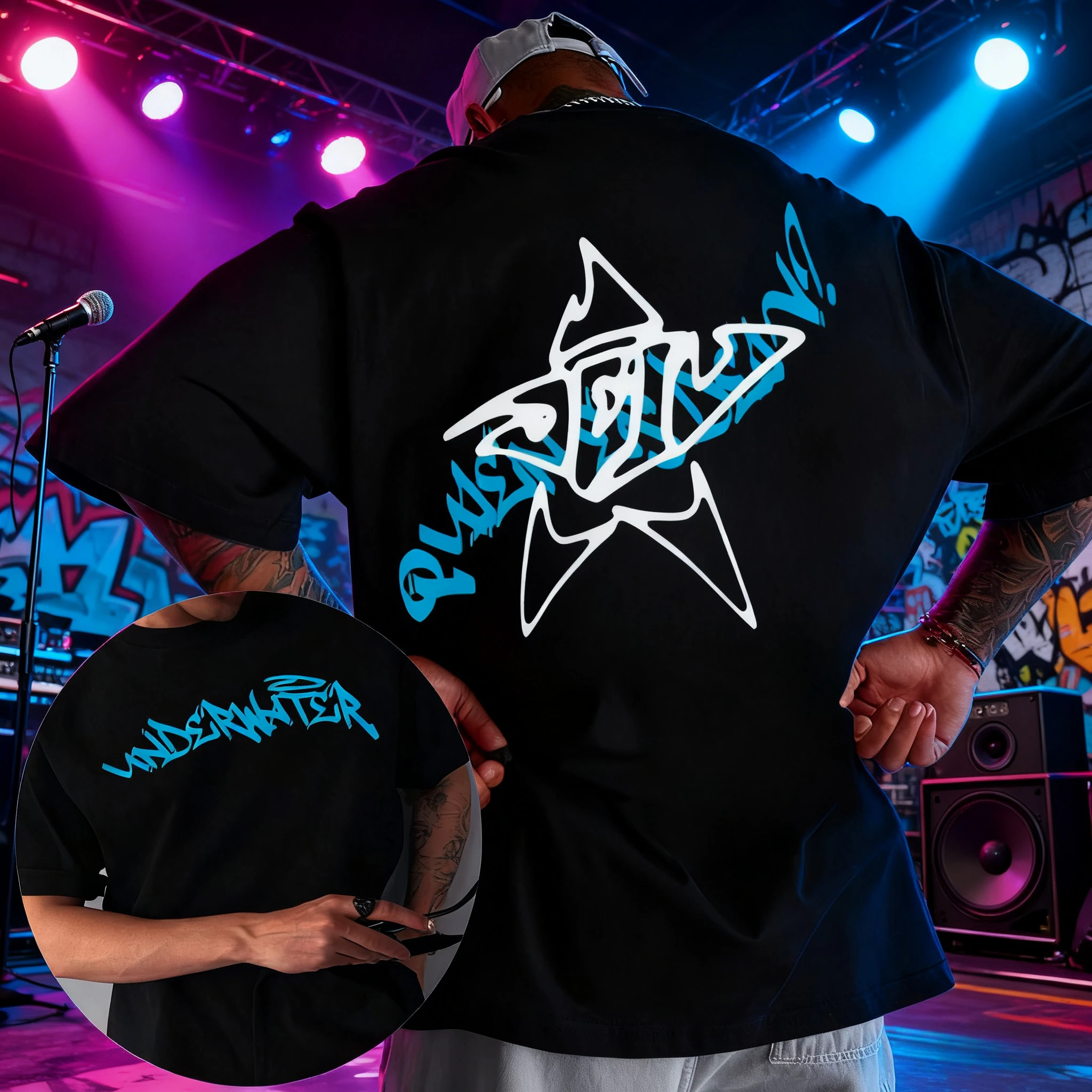 

2025 Summer Singer Queenie Esdave Underwater Pattern T-shirt Men's Fashion Hip-hop Pop Short-sleeved Cotton T-shirt