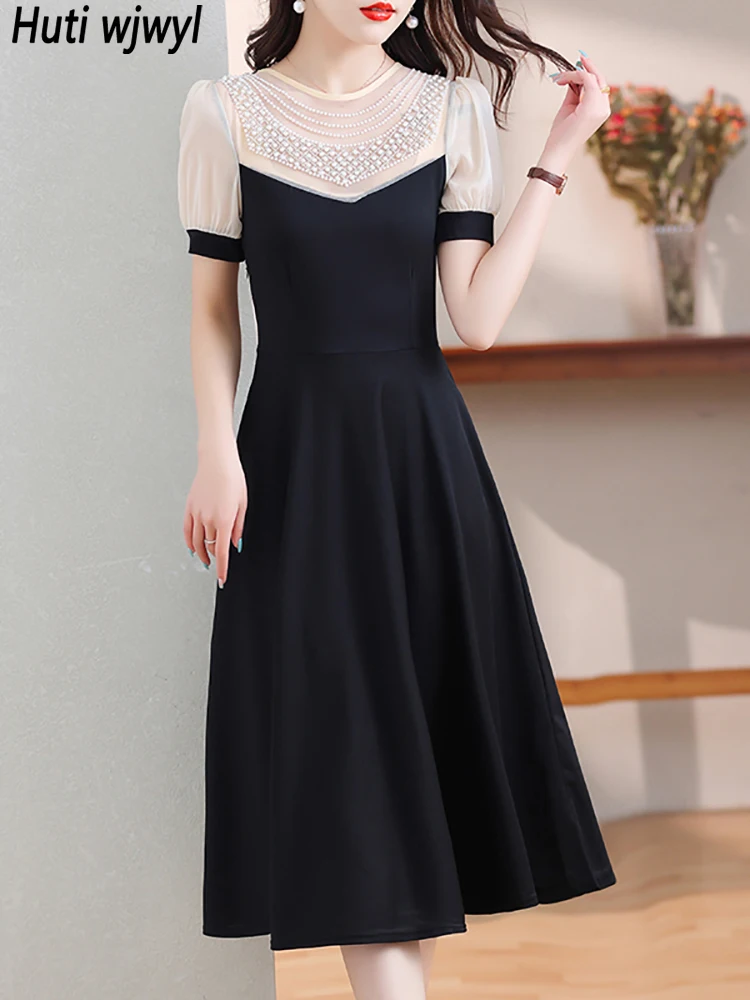 

Black Vintage Prom Night Midi Dress for Women Summer Patchwork Chic Beading Luxury Dress 2024 Korean Elegant Bodycon Party Dress