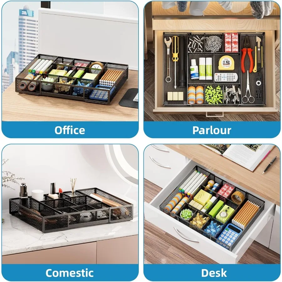 Расширяемый органайзер для ящиков стола, сетчатый органайзер для ящиков с 10 регулируемыми отделениями для офисных принадлежностей, туалетный столик для макияжа S
