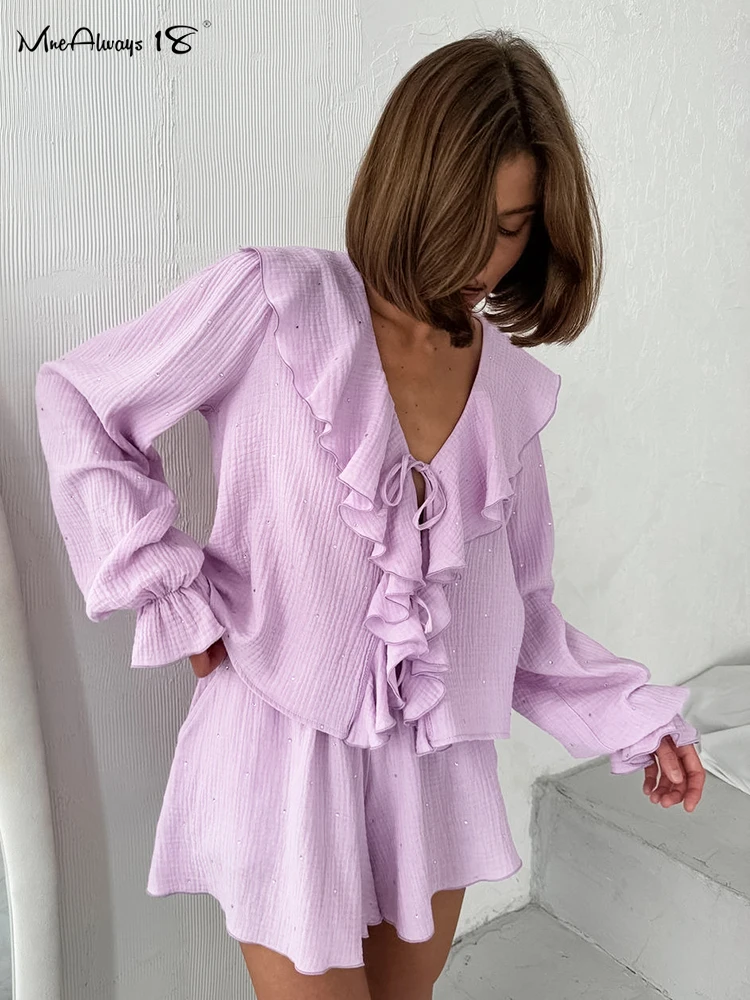 Mnealways18 Purple Crepe Cotton Shorts Sets Women Ruffled Blouses And Shorts Two Pieces Suits Autumn Winter Casual Outfits 2024