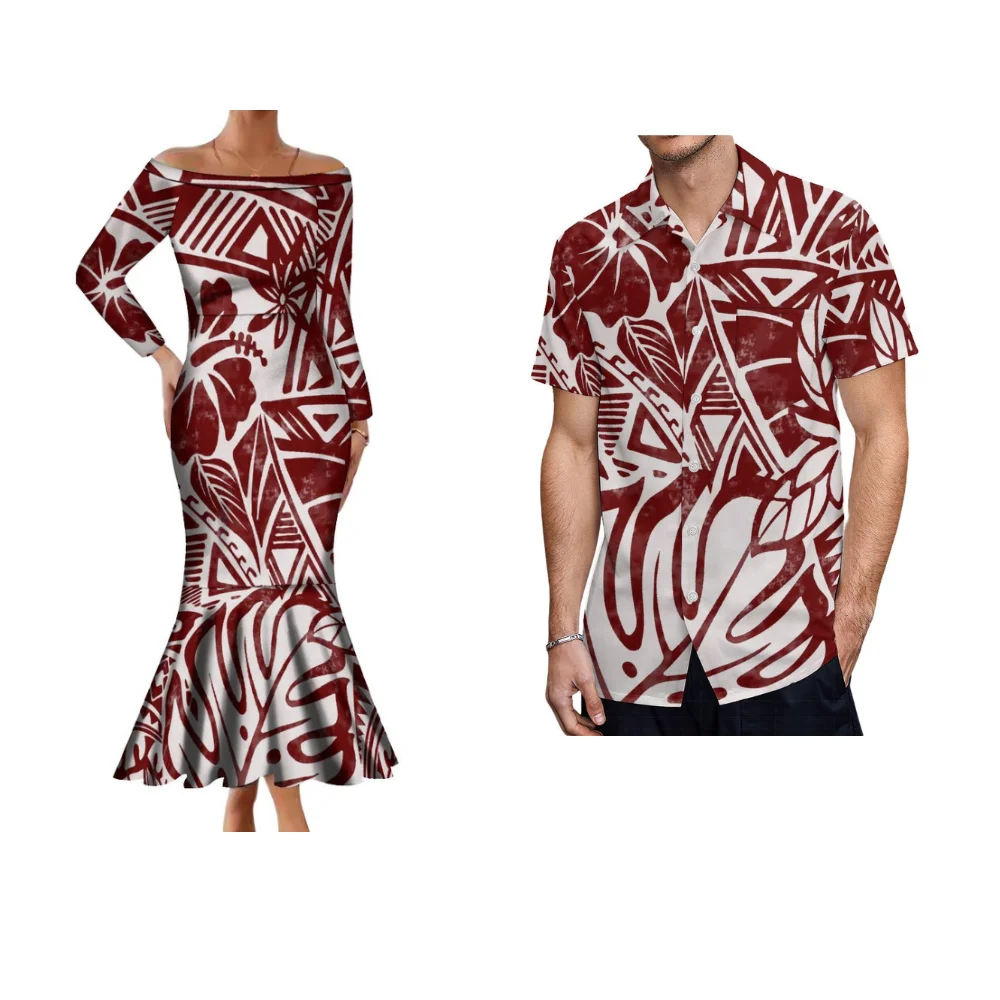 

Noble Women'S Dress Polynesian Matching Shirt Custom Banquet Couple Dress Ladies Off-The-Shoulder Fishtail Dress 2024