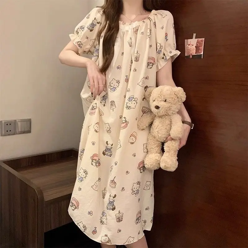 

Милое пижамное платье Sanrio Hello Kitty, летняя ночная рубашка, женские длинные платья, пижама с короткими рукавами, юбка для сна, домашняя одежда