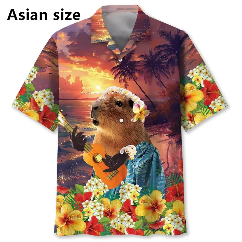 Cute Capybara Pull Up Hawaiian Shirt For Men 3D Print Short Sleeve Button Beach Shirts New In Men's Aloha Shirt Streetwear
