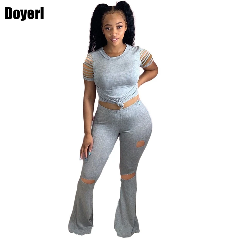 

Summer Two Piece Set Women Tops and Pants Set Tracksuit Women Sportwear Hole Sexy Club 2 Piece Outfits for Women Clothing Sets