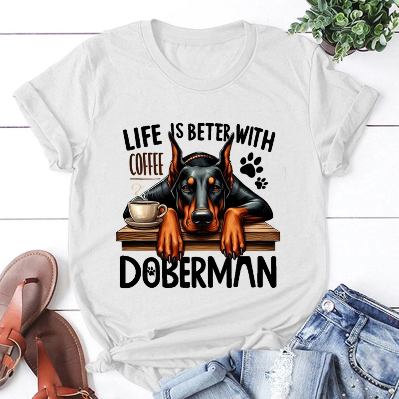 Hot Life Is Better With Coffee Doberman Graphic Short Sleeve T-Shirts For Men Women Shirts Loose T-Shirt Casual Summer T-Shirts