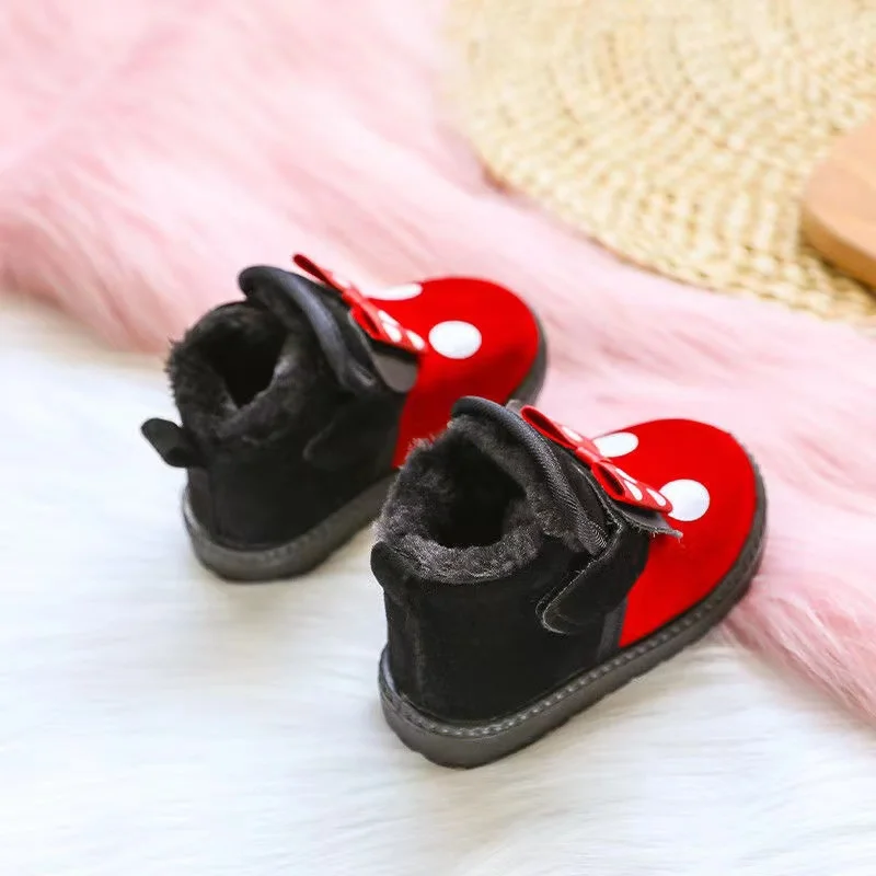 Kids Girls Cotton Snow Boots Casual Sport Shoes Soft Running Sneakers Winter Bow Dots Princess Children Toddler Shoes With Plush