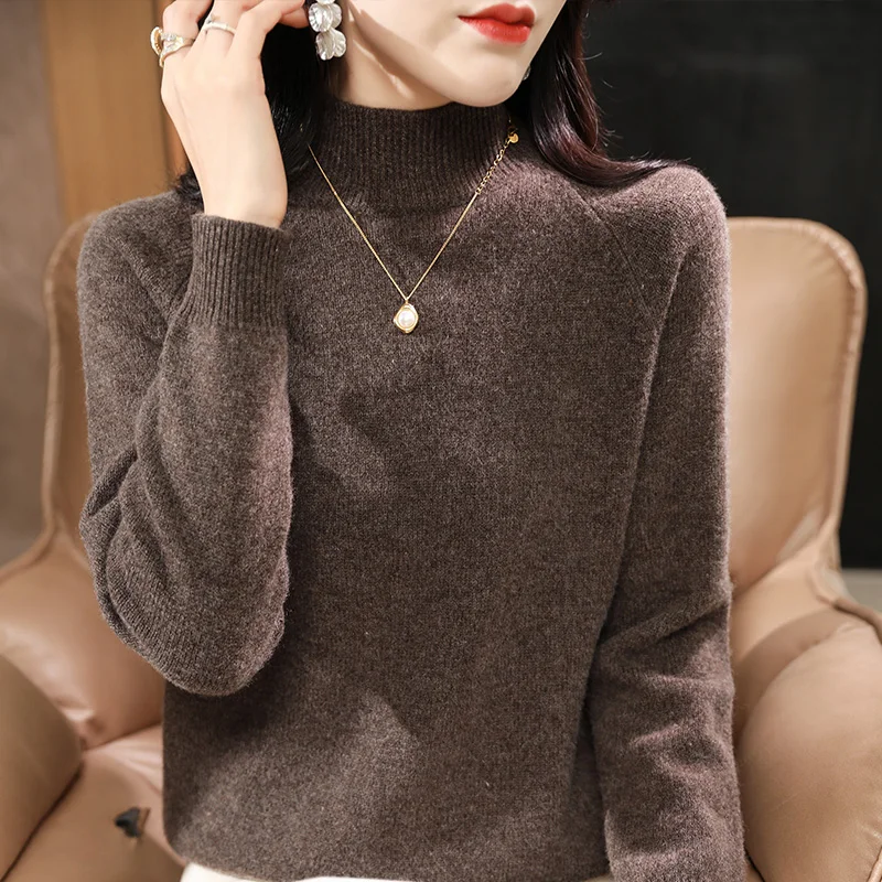 LDZWSM Wool Sweater Women Pure Color Half high collar Casual Long-sleeved Loose Pullover Wool Sweater Women's