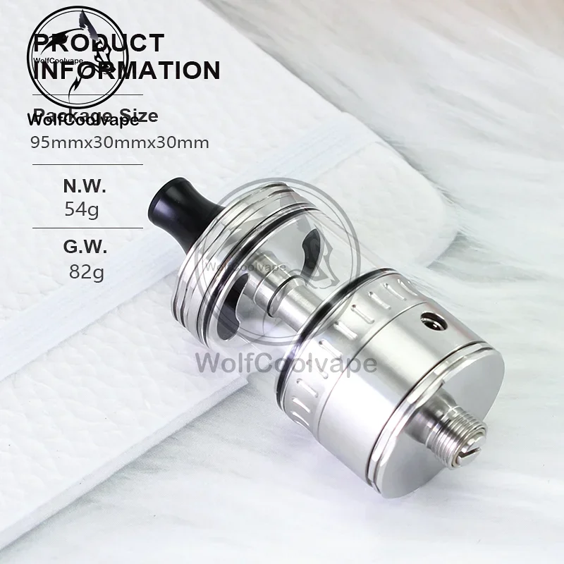 Wolfcoolvape NOLA RTA البخاخة 22 مم خزان فضي قابل لإعادة البناء سعة 3.2 مل مع دبابيس هواء 0.8 مم إلى 3.5 مم MTL DL Vape Mods