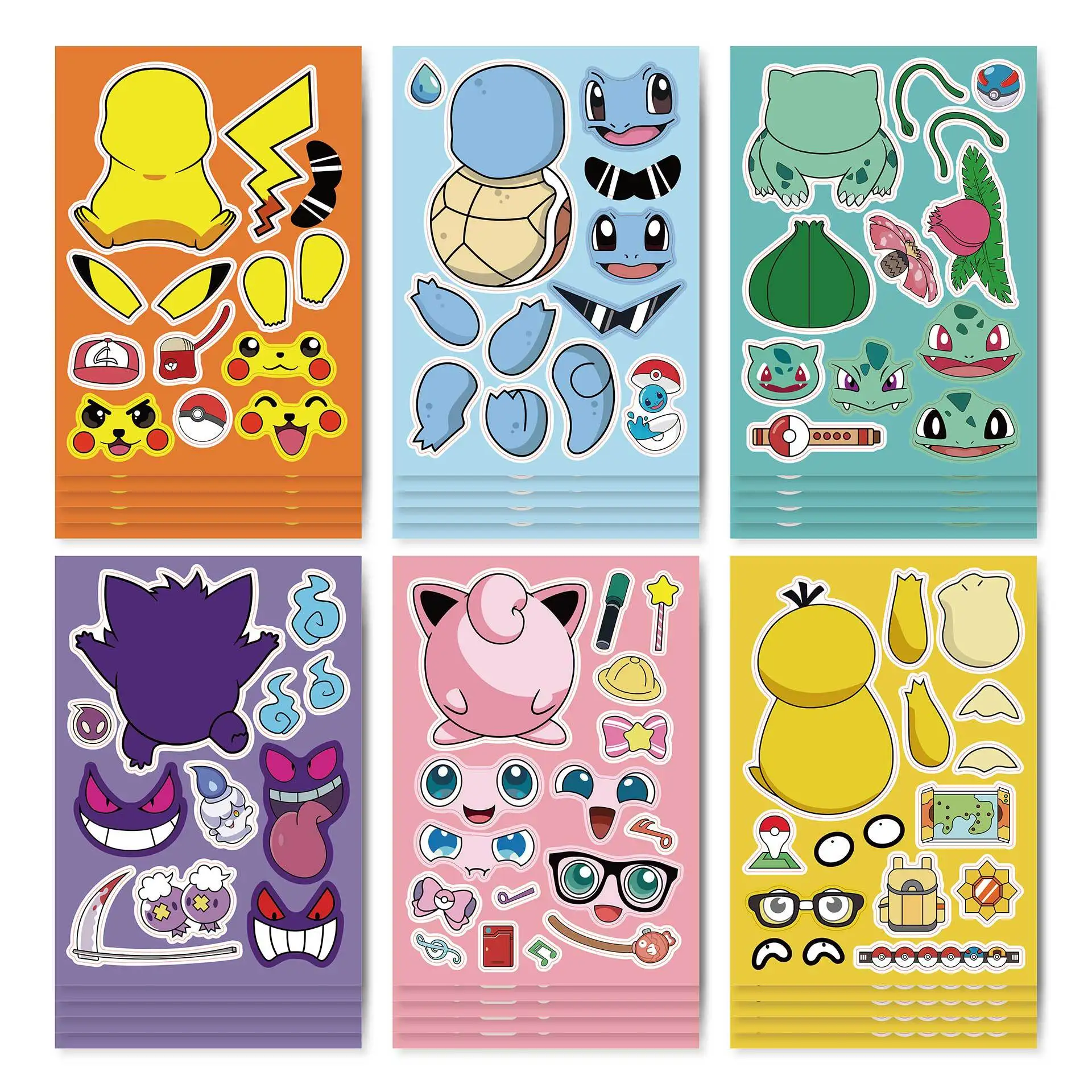 6/12sheets Pokemon Puzzle Stickers Make a Face Sticker Kids Toys Cute Pikachu Gengar Decals Gift  Decoration Anime Graffiti Toy