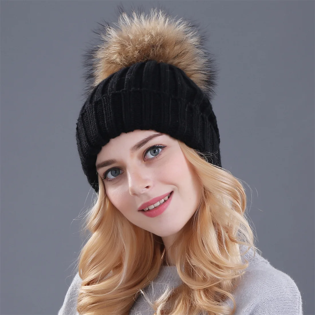 Xthree Real Fur Pom Poms Knitted Winter Hat for Women Hat Beanies Skullies Brand New Thick Female Cap  Skullies Beanies