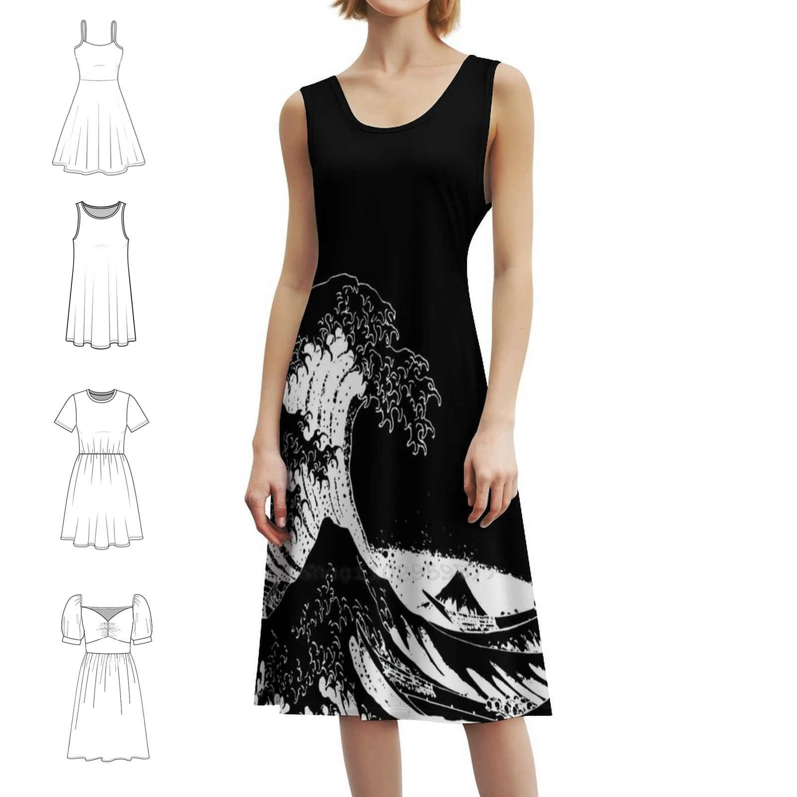 

The Great Wave-черное мини-платье в консервативном стиле для женщин трапециевидной формы свободного покроя повседневное дневное платье Great Wave Black The Great Wave