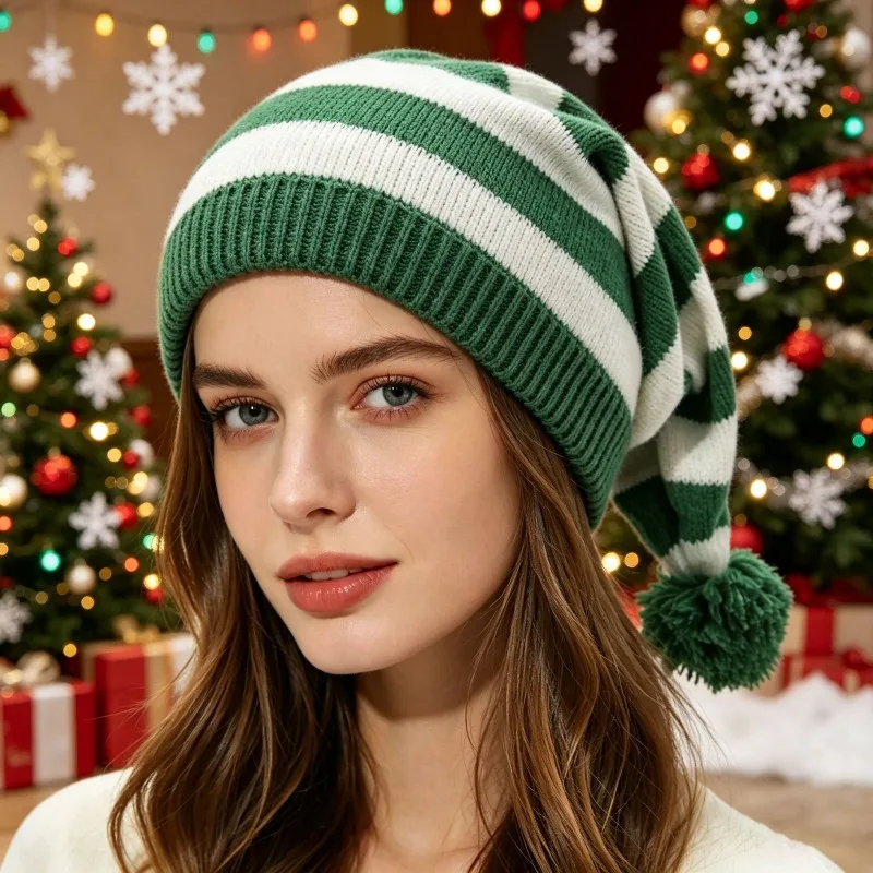 New Parent Red Christmas Hat Striped Women Holiday Wool Hat Knitted Christmas Hat Women Warm Winter Beanie Family Matching