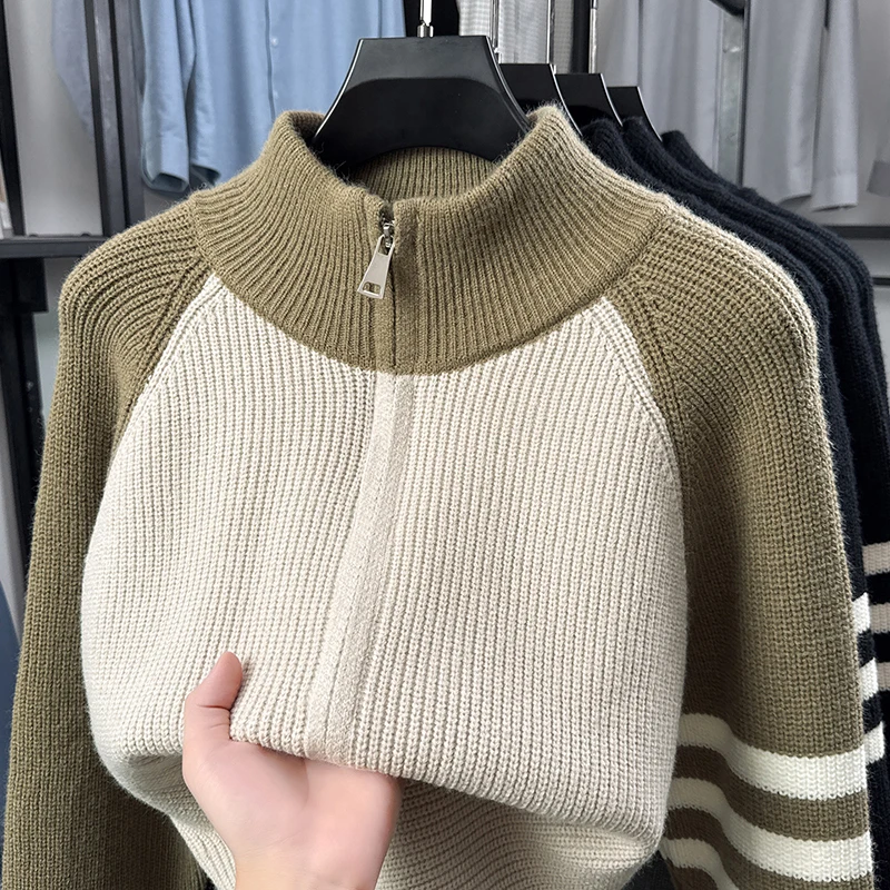 Hochwertige Herren-Strickjacke, Modemarke, gestreift, mit Reißverschluss, Stehkragen, Herbst/Winter, neuer, personalisierter, lässiger Pullover-Mantel – Detail 12