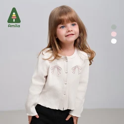 Amila Baby Sweater 2024 Autumn New Style Girls Bow Sweet Soft Solid Color Pearl Button Exquisite Children‘s Knitted Cardigan