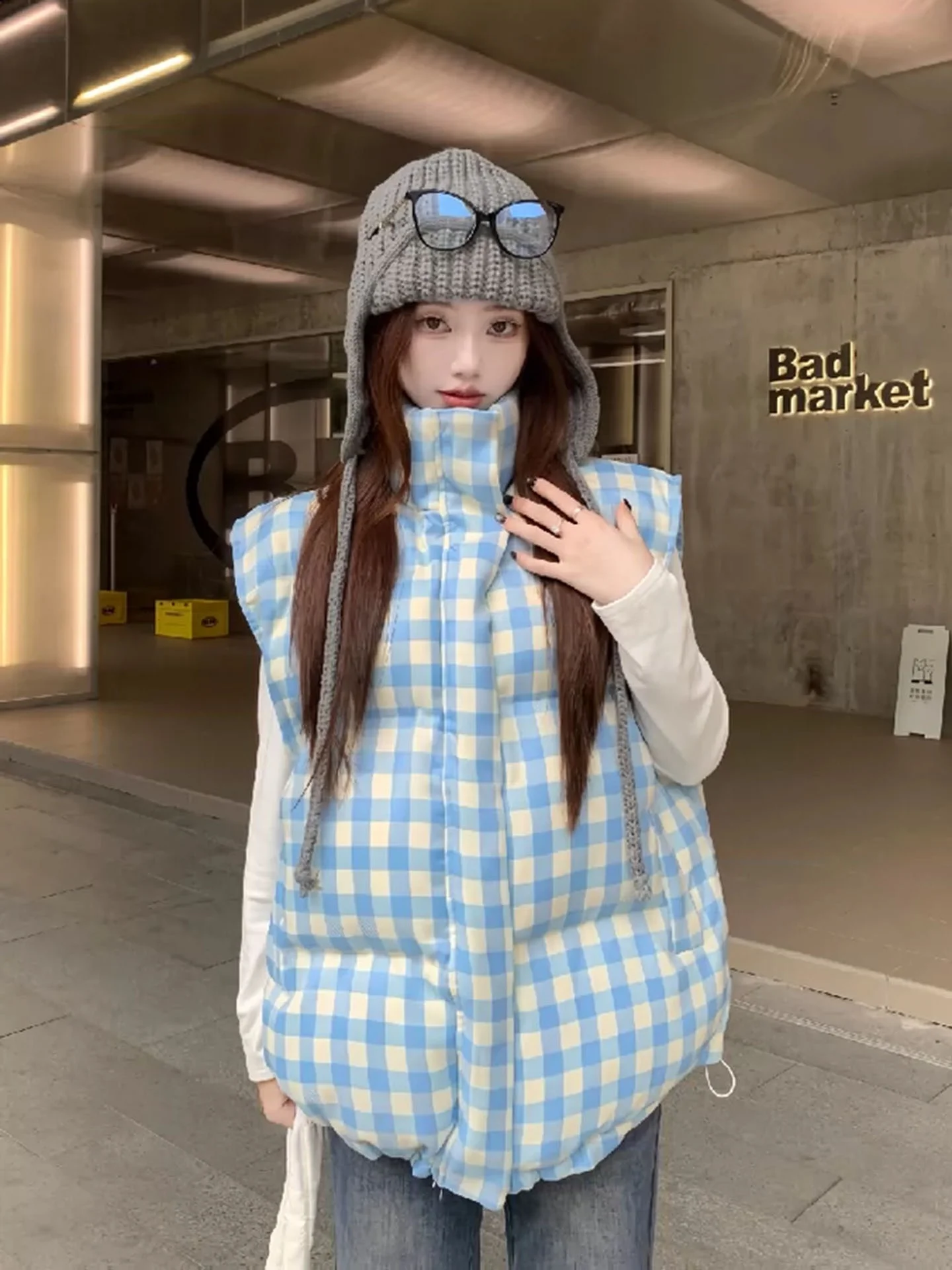 Thickened Winter Outerwear Women's Vest Blue And White Plaid Large Size Jacket Zipper Closure Warm Commuter Style Casual Wear