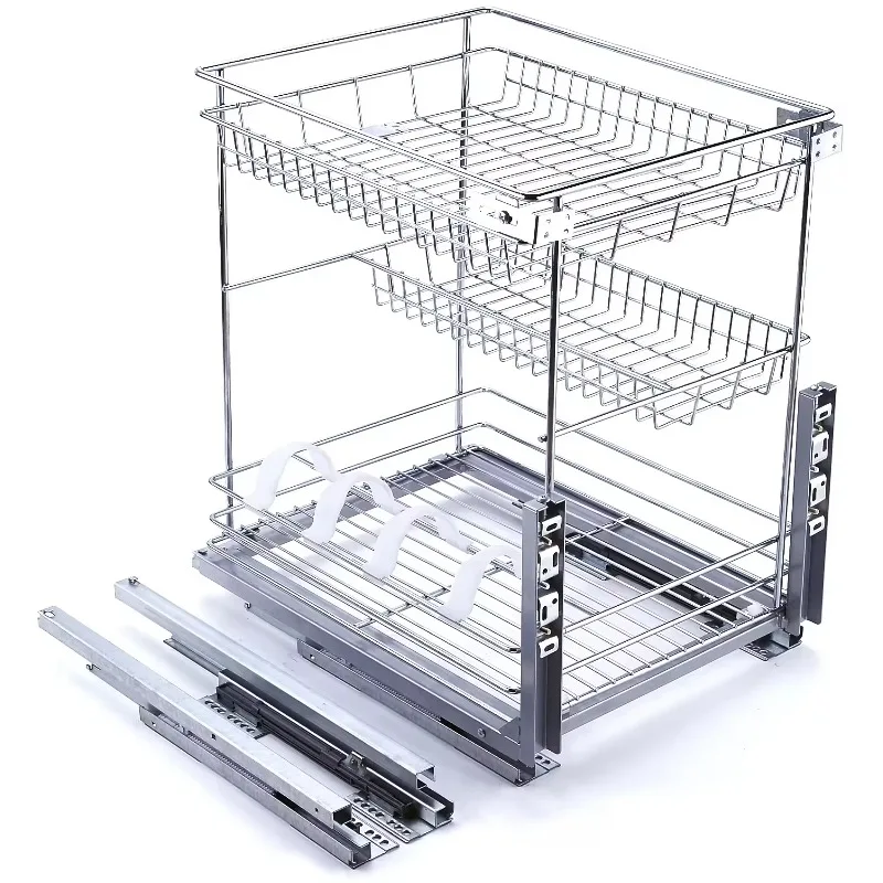 Modern three-layer soft stop sliding brushed drawer basket finishing unit pull basket