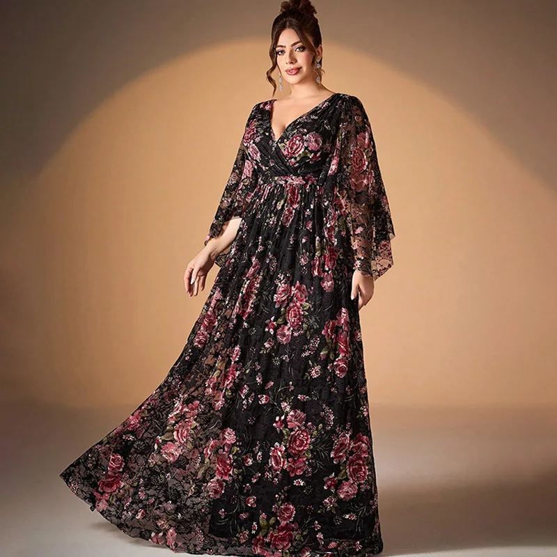 เดรสลายดอกไม้พิมพ์ลายดอกไม้ฤดูใบไม้ผลิสำหรับสาวอวบ ทรงหลวม แฟชั่น แขนยาว คอวี เปิดหลัง
