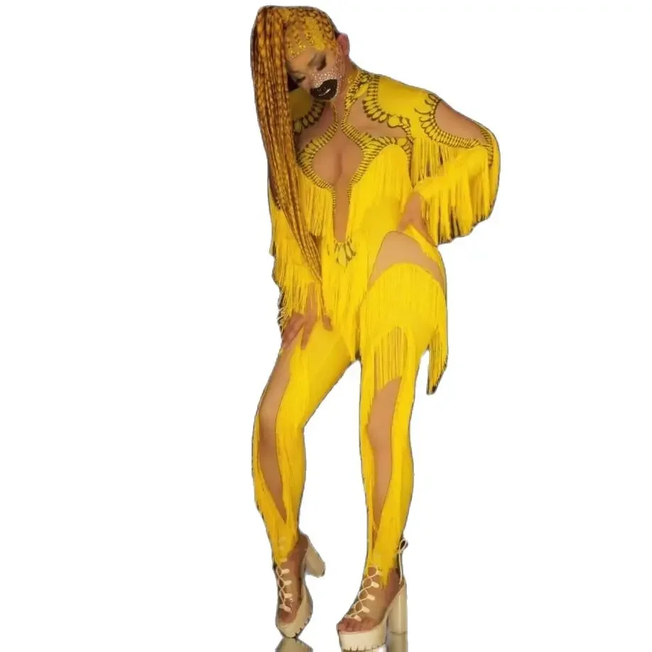New Yellow Tassel Jumpsuit Women Long Sleeve Spandex Skinny Fringe Leotard Sexy Stage Wear DJ Singer Dancer Party Show Costume