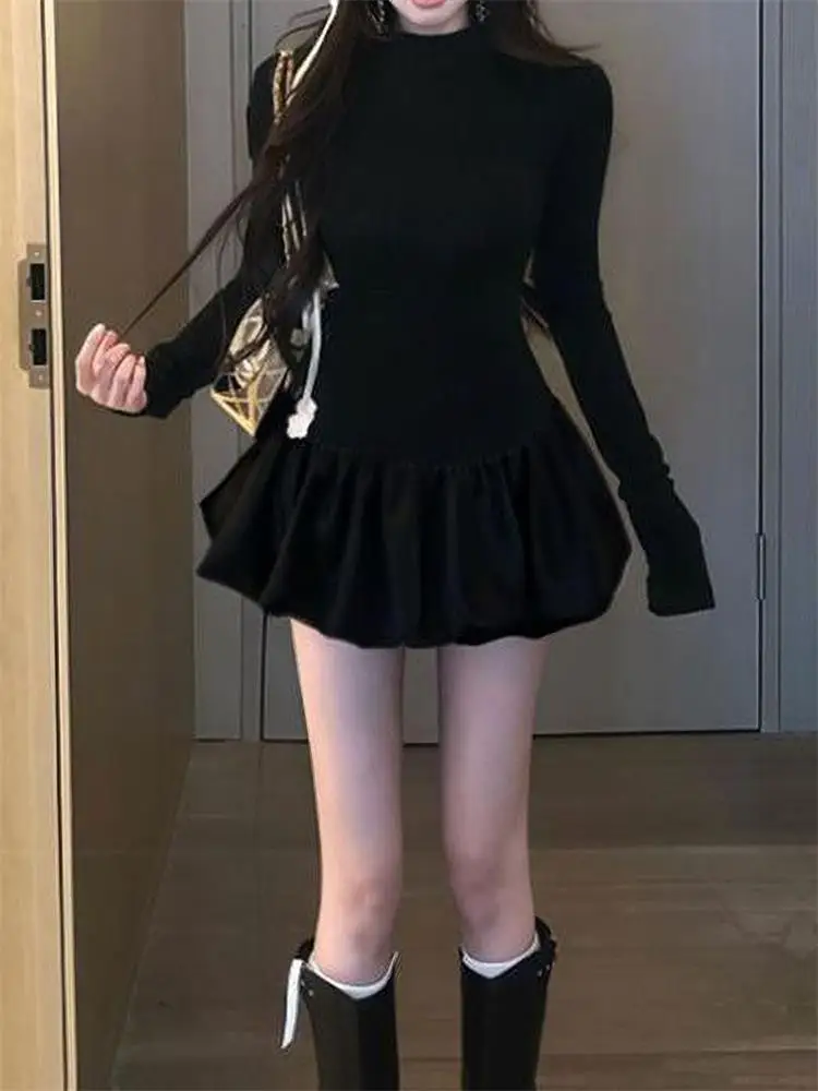 Women Slim Long-Sleeve Dress Half High Collar Puffy Dress Autumn and Winter Party Solid Color Dresses Black Fashion Elegant