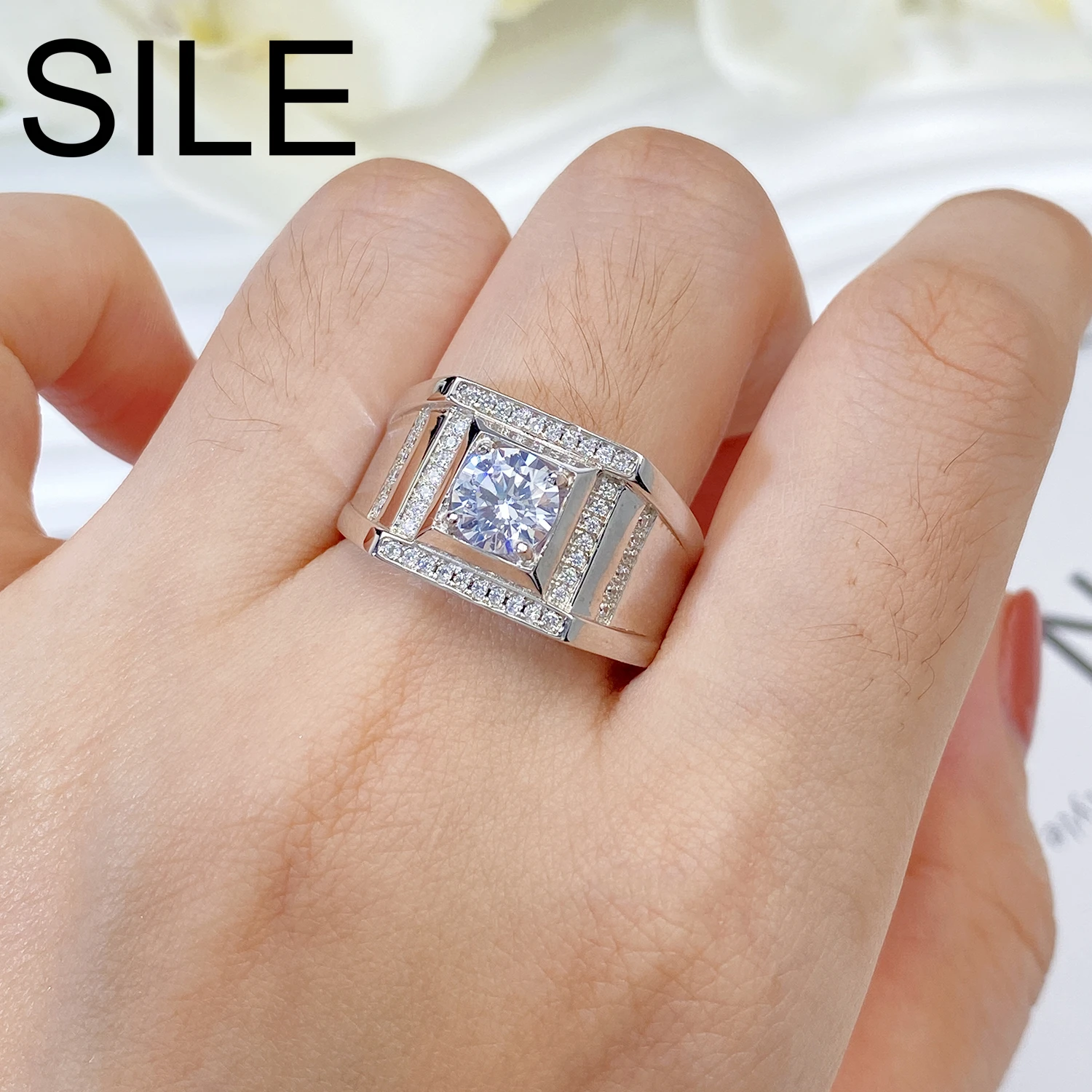 

SILE Luxury Men Rings 1ct VVS Moissanite Diamond Cubic Zirconia cz Wedding Engagement Rings 925 Sterling Silver Hip Hop Jewelry