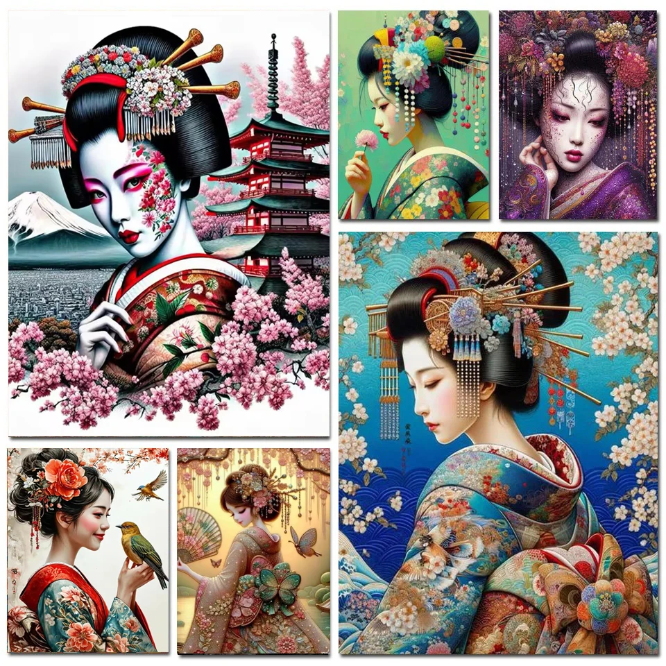 5D Diy Diamond Art Painting Jewelry Cross Stitch Kit Japanese Kimono Woman Full Mosaic Embroidery Cherry Blossom Geisha Picture