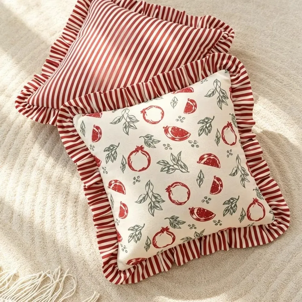 Ruffled Edge Pillowcase Cushion Cover Striped Print Plaid Print Ruffled Edge Pillowcase Piping Design Soft Fabric
