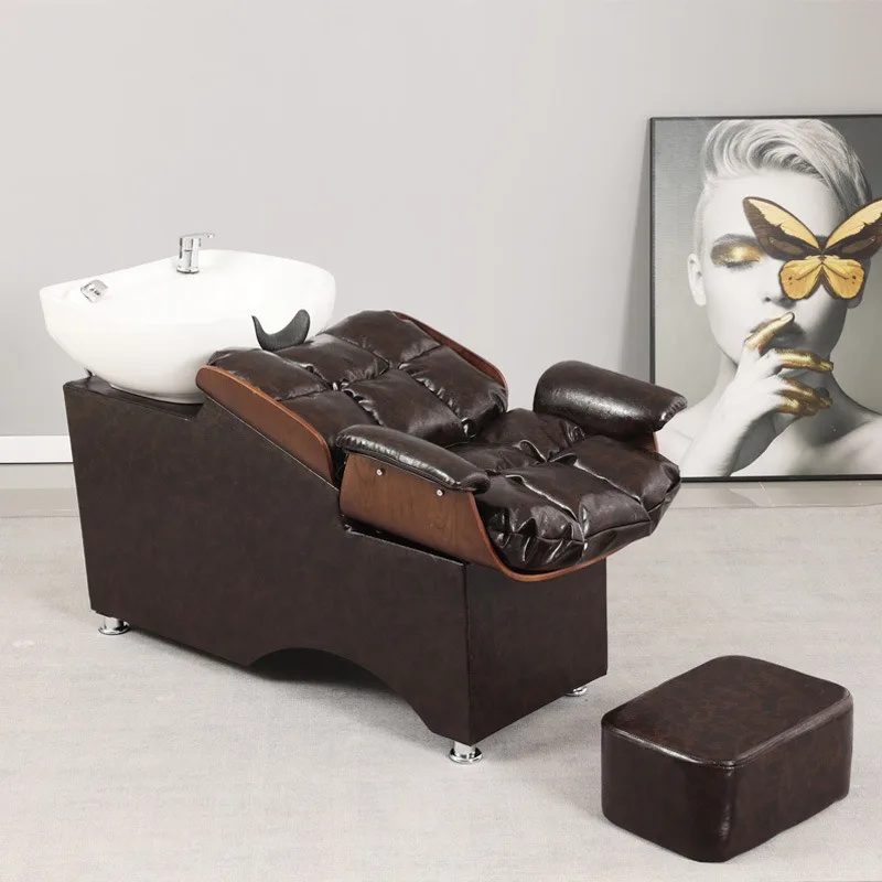 Modern Luxury Barber Shop Hair Salon Furniture Metal Washing Backwash Shampoo Station with Black White Ceramic Basin Chair Bowl