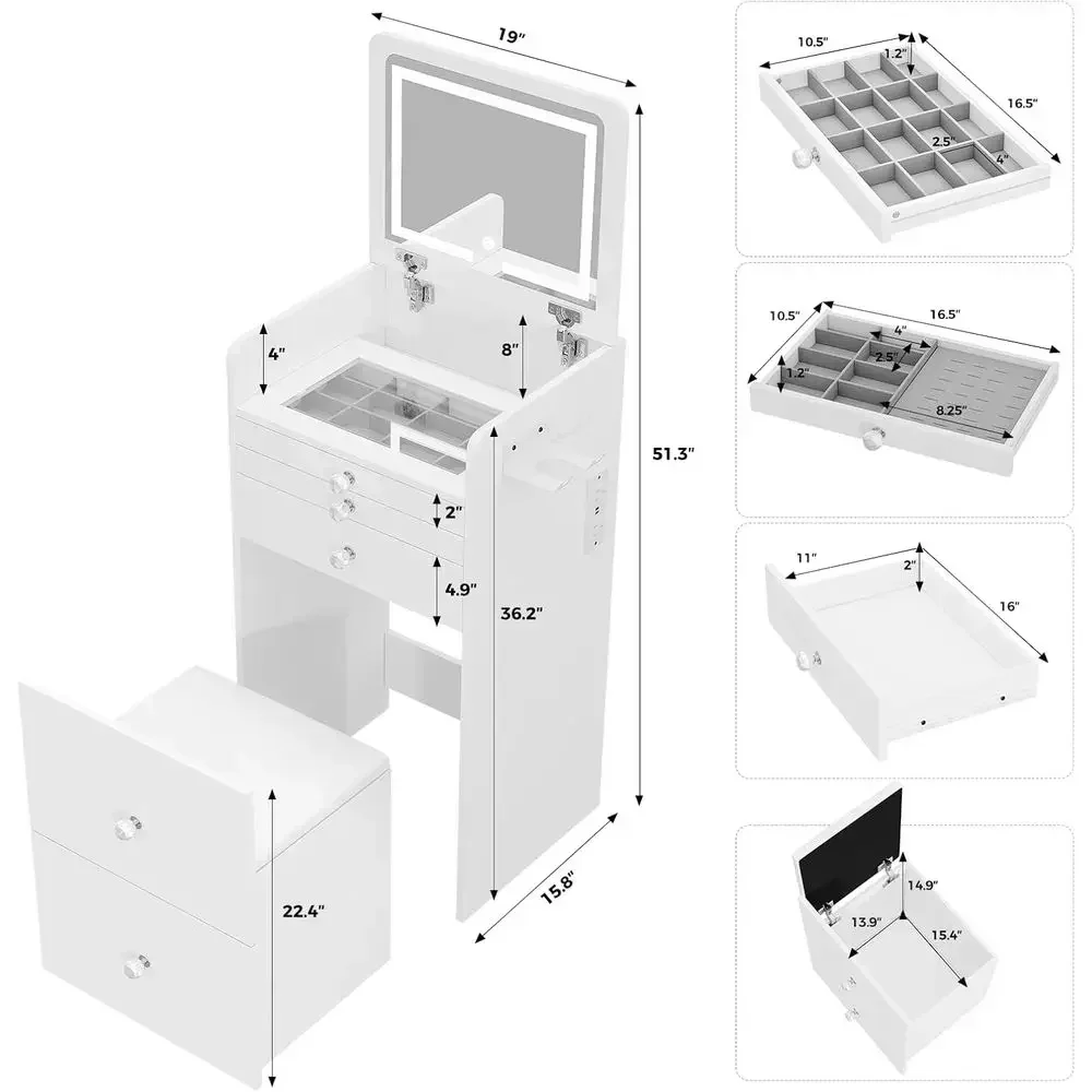 Compact 3-in-1 Vanity Desk with LED Light, Mirror, and Glass Top for Small Makeup Area, White, 19 Length