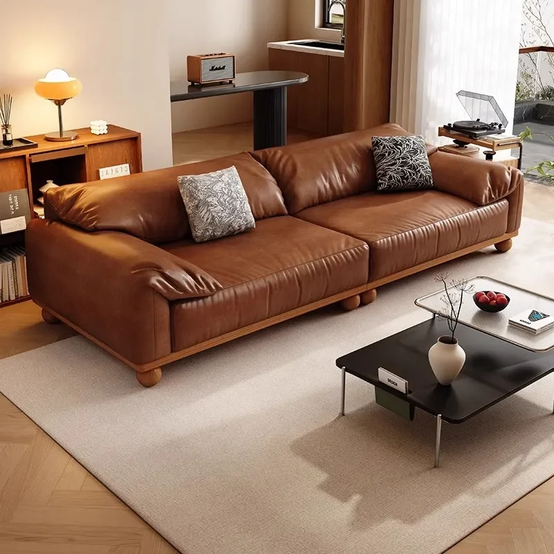 Medieval Style Elephant Ear Leather Sofa Modern Simple Light Luxury Straight Row Living Room Small Apartment Black Retro