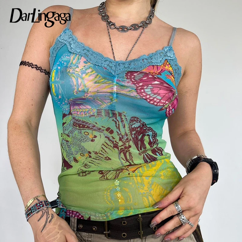 

Darlingaga Y2K Strap Summer Mesh Top Butterfly Print 2000s Aesthetic Grunge Fairycore Sexy Crop Tops Women Lace Trim Transparent