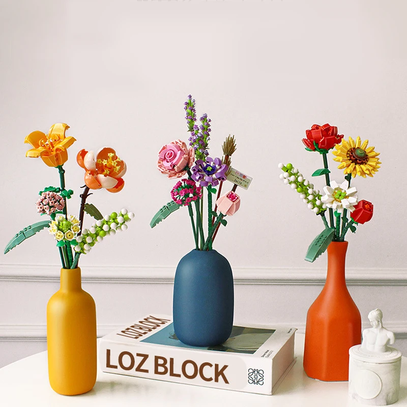 Bouquet de décennie s de Construction en 3D, Modèle de Fleur, Plante en Pot, Rose Romantique, Décor de Chambre, Jouets de Simulation Esthétique pour Bol et Amies