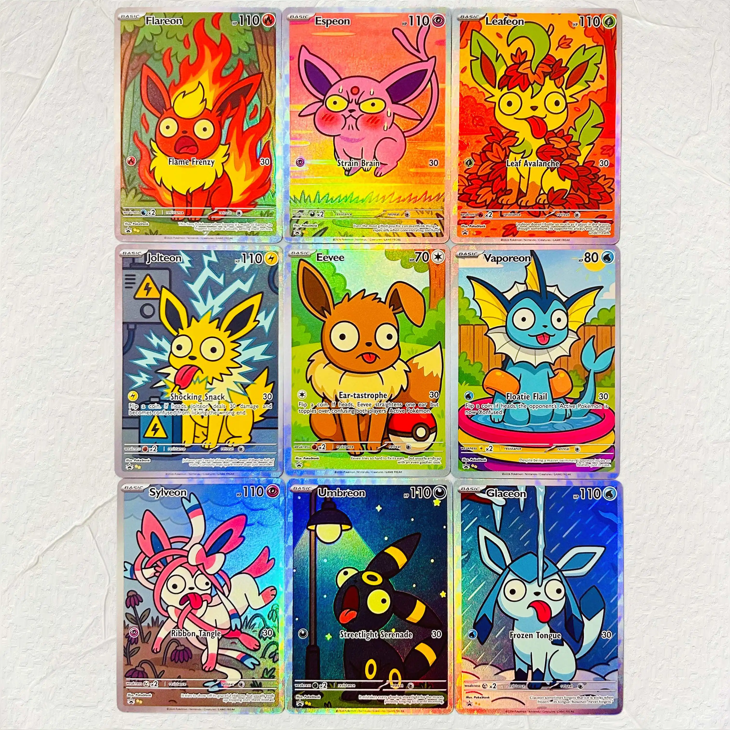 DIY Pokemon Eevee Flareon Espeon Leafeon Jolteon Vaporeon Umbreon  9Pcs Foil Texture Cards EN Premium Anime TCG Collection Cards