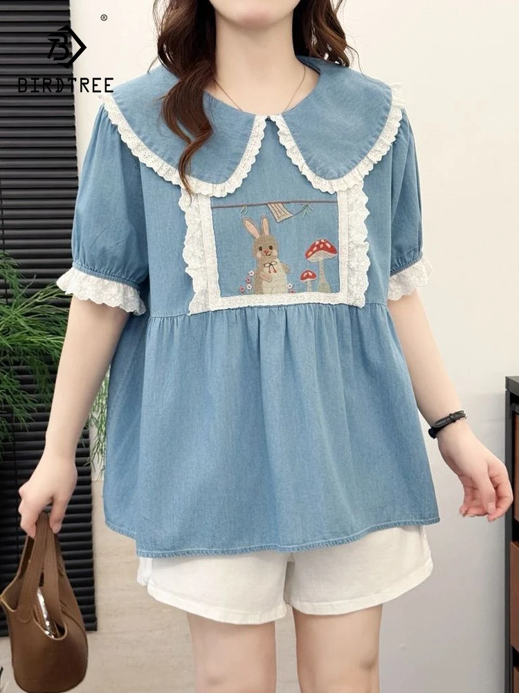 

Новая женская джинсовая рубашка с коротким рукавом на лето 2026, с воротником Питер Пэн, вышивкой и кружевом, в стиле Мори Гёрл, свободная блузка в стиле преппи T64519CC