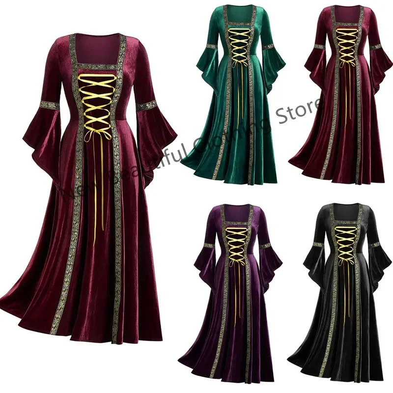 Medieval Renaissance Cosplay Vintage Gothic Bandage Women Dress Flare Sleeve Floor Length Goth Vampire Witch Dresses Plus Size