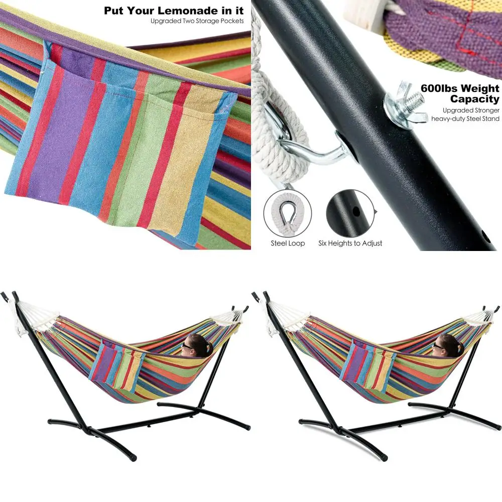

Outdoor Double Hammock with Steel Stand, Upgraded Bar, 2 Person, Pockets, Easy Setup, 600lbs, Red