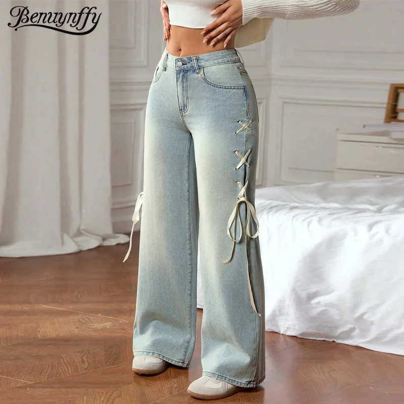 

Benuynffy Большие размеры Y2k Ретро боковые джинсы на шнуровке Женские уличные модные милые свободные потертые широкие брюки со средней талией