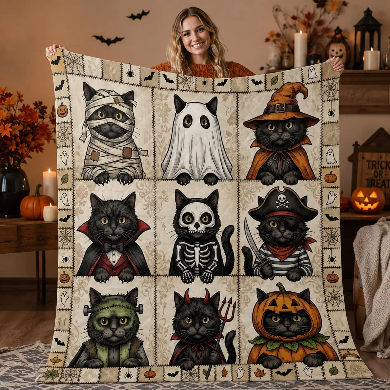Black Cat Halloween Costume Quilt Blanket: Spooky Patchwork Bedding