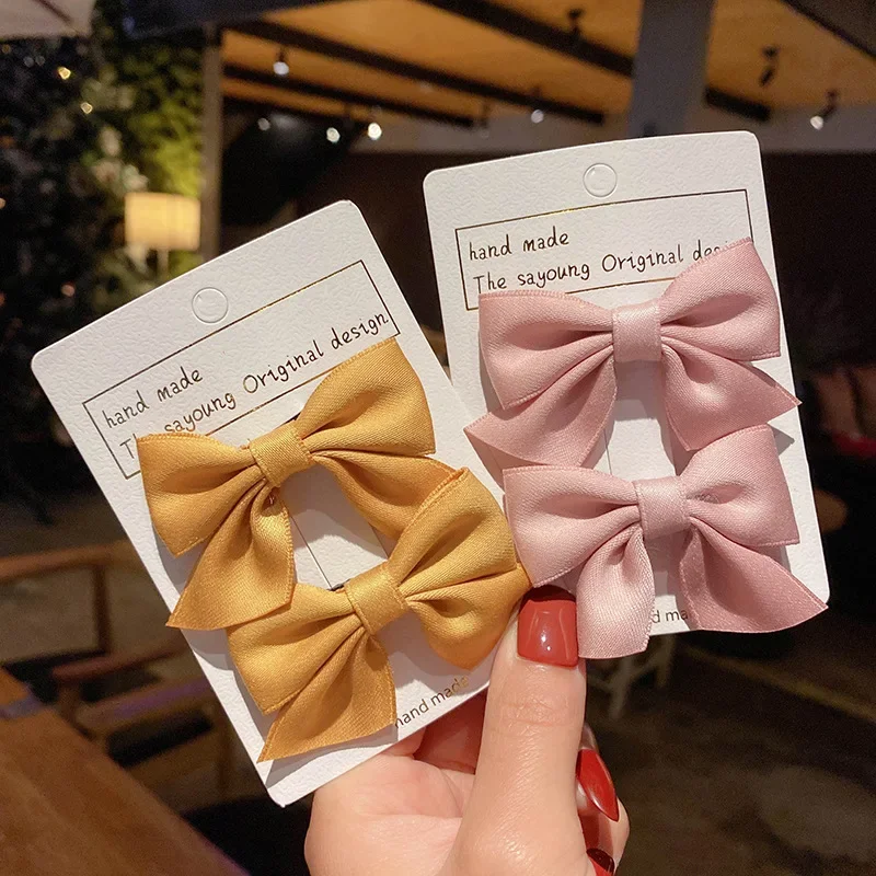 1Pair Cute Girls Hairgrips Hairpins Hair Clips Solid Color Ribbon Bow-knot Handmade Bows Barrettes Hair Accessories