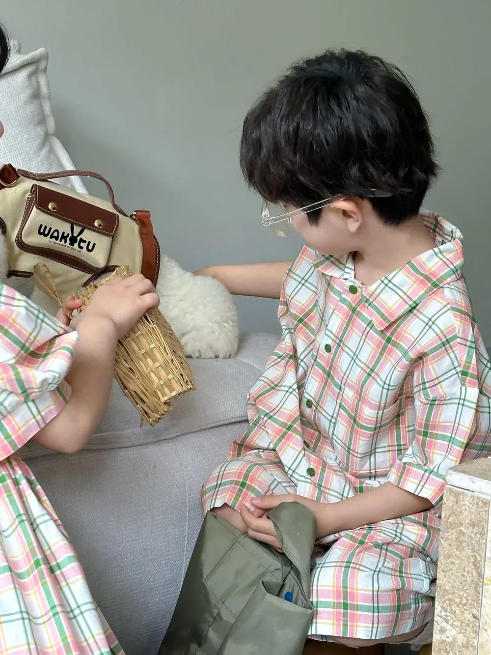 Children Clothing Suit 2024 Summer Korean Style Colored Plaid Dress Boys and Girls Casual Short-sleeved Shorts Two-piece Set