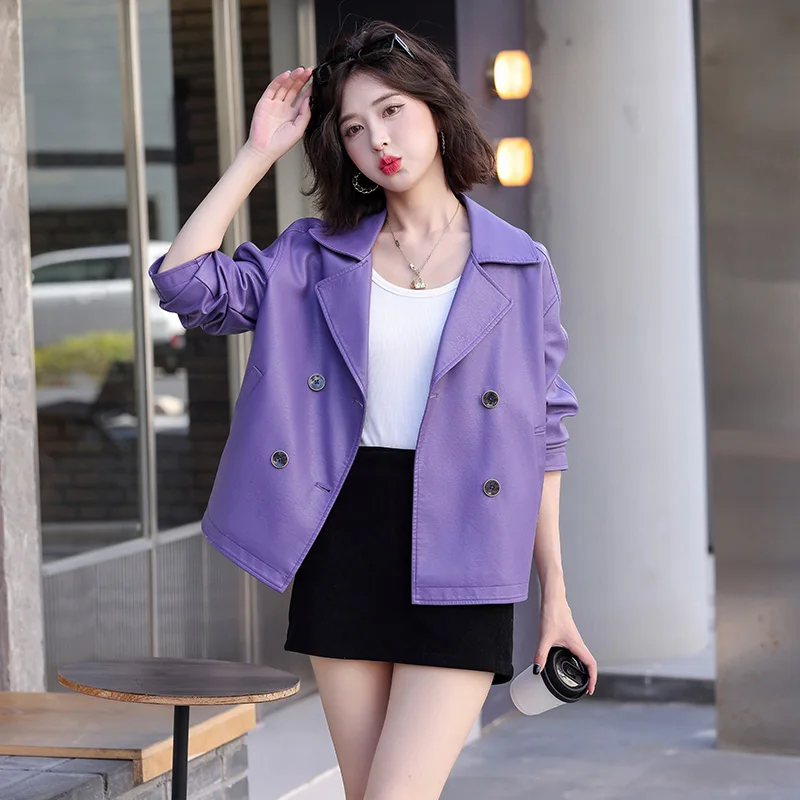 New Women Spring Autumn Leather Jacket Fashion Turn-down Collar Drop-shoulder Loose Short Coat Split Leather Casual Jacket