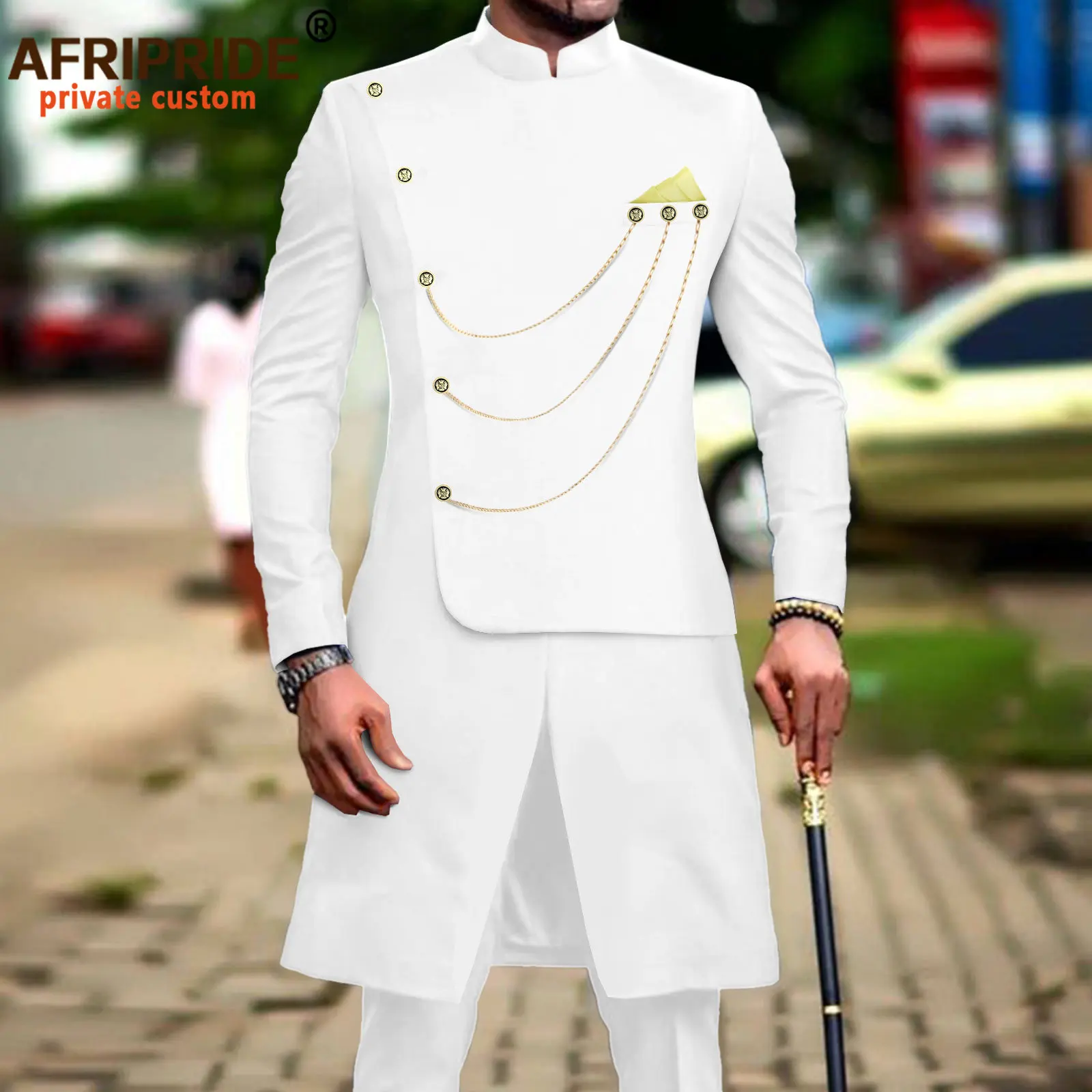 African Suit for Men Single Breasted Dashiki Chain Jackets and Pants 2 Piece Set with Kerchief Formal Outfits Wedding A2316012