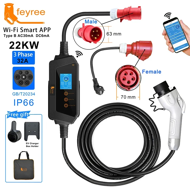 

feyree GBT Plug Portable EV Charger Fast 22KW 32A 3Phase Adjusting Current Wi-Fi Smart APP Control Electric Car Charging Station