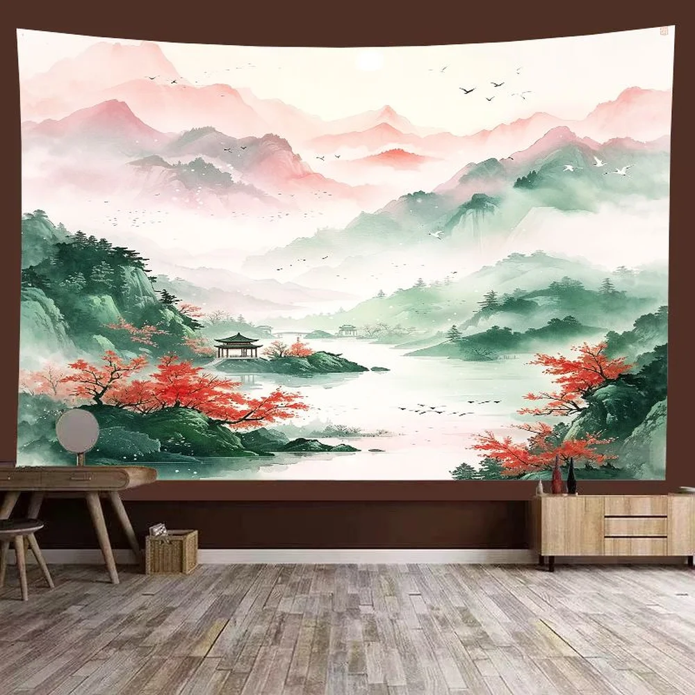VIKAMA Chinese Landscape Tapestry - Blue Pagoda Mountain Waterfall Wall Hanging for Living Room Dining Area Zen Decor