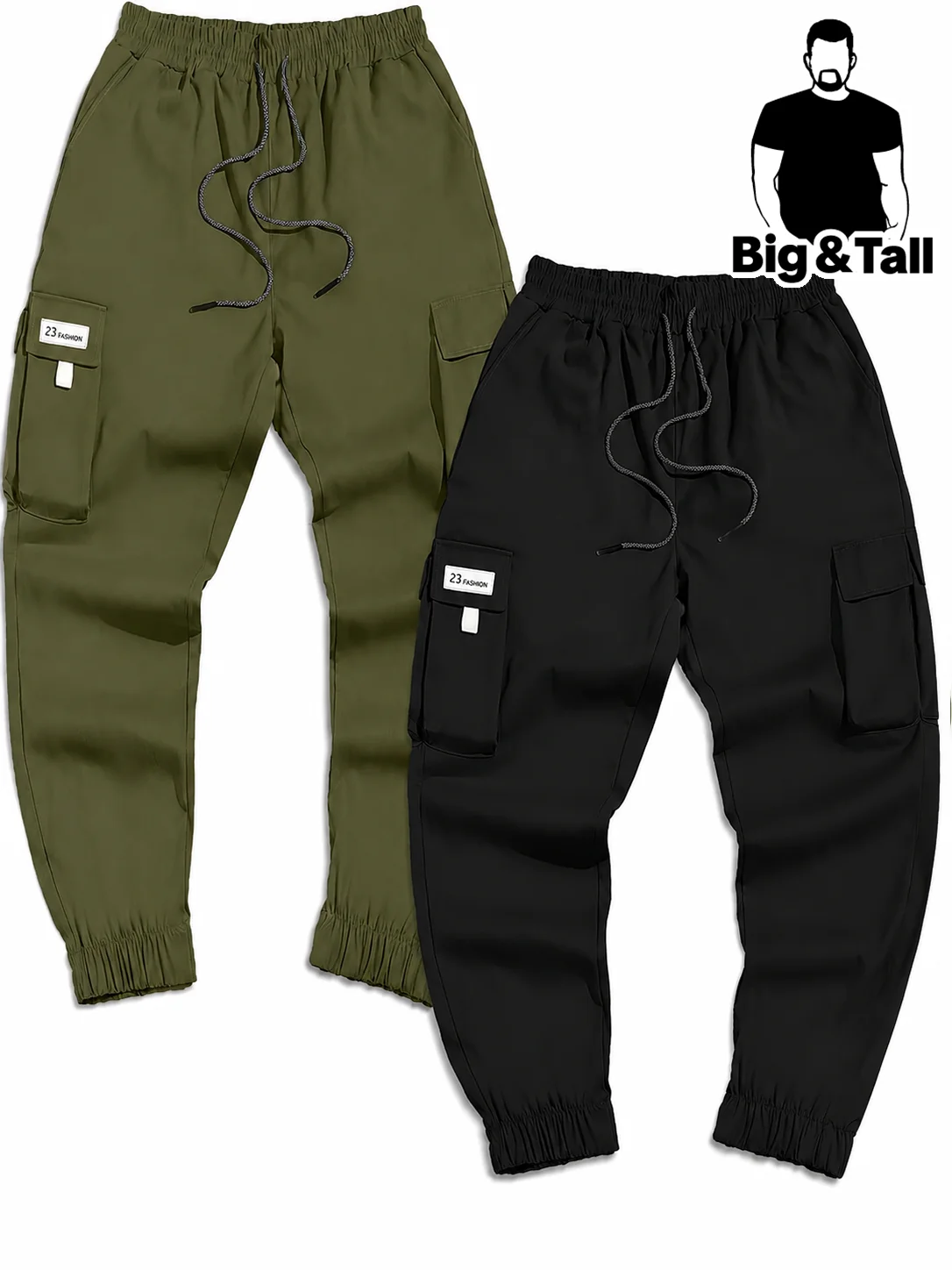 plus Size Men's Solid Color Casual Trousers with Cuffs Two-Piece Set Fashionable Multi-Pocket Workwear Comfortable for Daily Wea