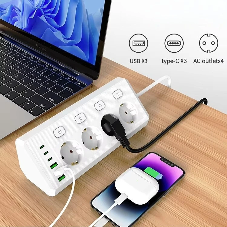 European socket desktop corner power strip 4 position jack extension cable independent switch Type-c European standard power