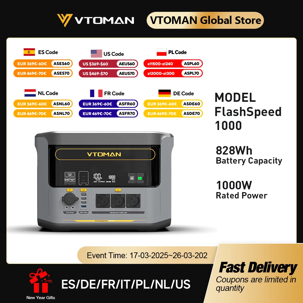 VTOMAN FlashSpeed 1000 Portable Power Station 2000W 828Wh LiFeP04 Battery For Outdoor Camping Tent Travel