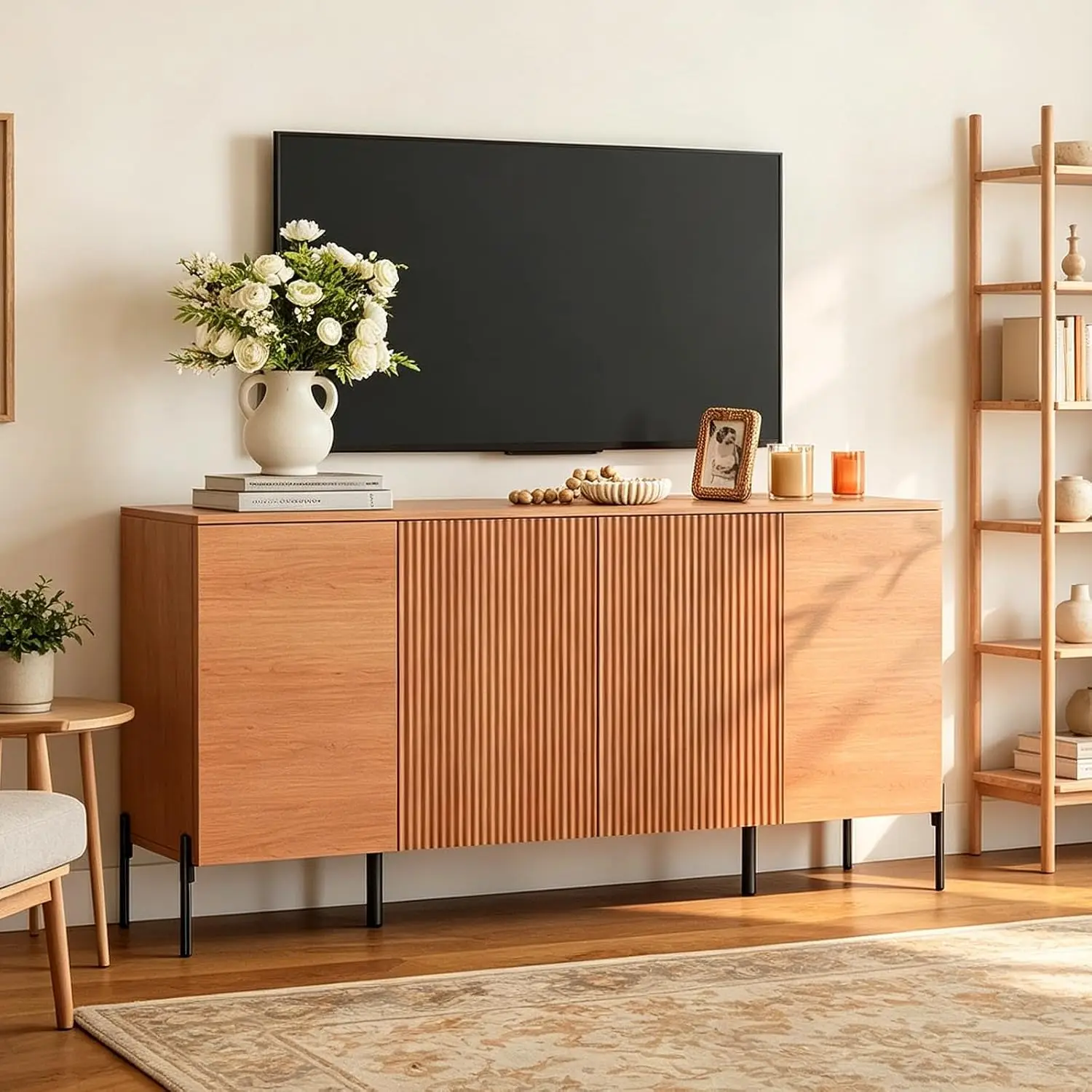 Fluted TV Stand For 70 Inch TV Entertainment Console 4 Doors & Metal Base Media Table Living Room Bedroom Mocha, Customized