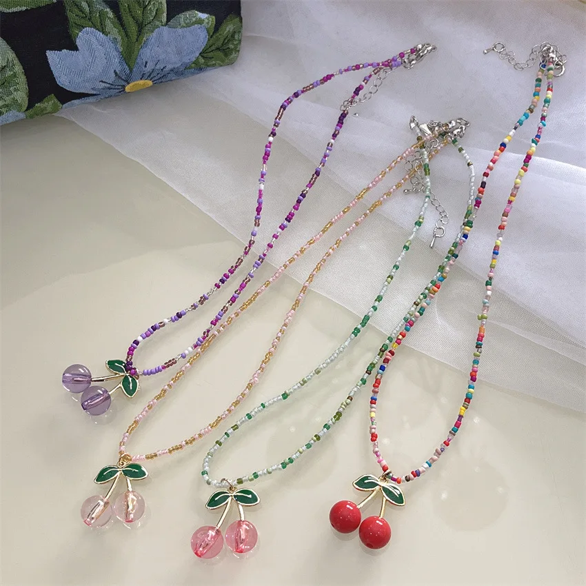 KADRUFI Korean Fashion INS Colorful Beads Cherry Pendant Necklace for Women Sweet Y2K Choker Necklace Collar Jewelry Party Gift