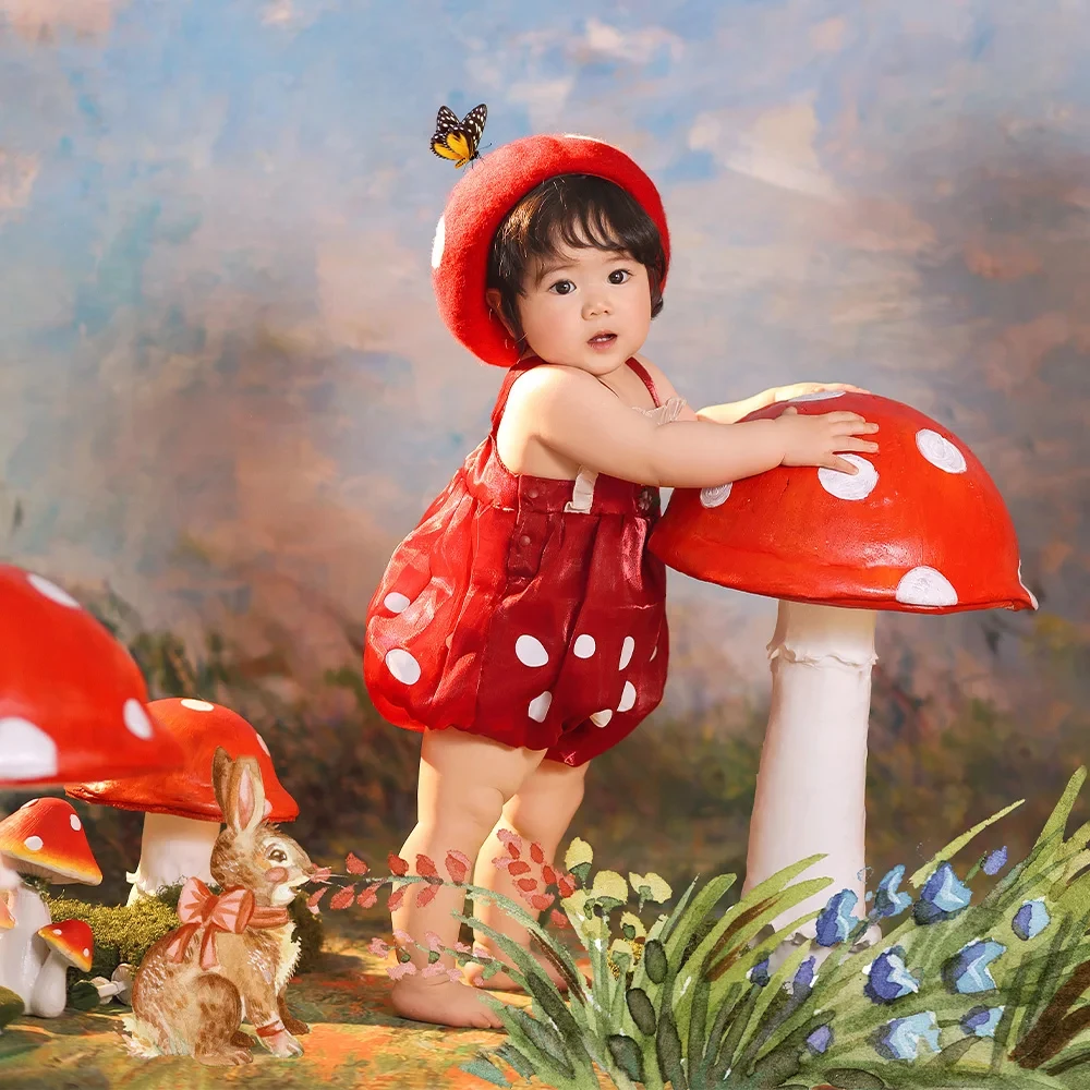 Baby Girl Photography Clothing Little Red Riding Hood Theme Jumpsuit + Hat Suit Red Polka Dot Mushroom Skirt Studio Photo Outfit